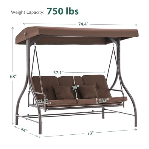MCombo 3-Seat Outdoor Patio Swing Chair, 2-in-1 Convertible Porch Swing Glider Chair with Removable Cushions, Adjustable Canopy & Pillows for Backyard, Deck, Garden, 4068 (Brown)