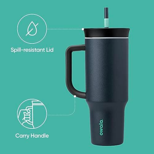 Owala Stainless Steel Triple Layer Insulated Travel Tumbler with Spill Resistant Lid, Straw, and Carry Handle, BPA Free, 40 oz, Gray (Foggy Tide)