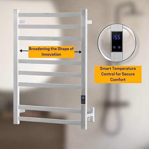 8-Bar Heated Towel Rack - Slim Design, Quick Heating, Adjustable Temperature, 24-Hour Timer - Brushed Stainless Steel - Ideal for Hot Towels in Bathroom