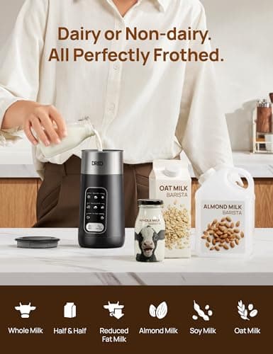 Dreo Milk Frother, 8-in-1 Electric Frother for Latte Art Coffee, 9oz/270ml Warm and Cold Foam Automatic Frothers for Dairy and Non-Dairy Milk, LED, Easy to Clean, BaristaMaker Air