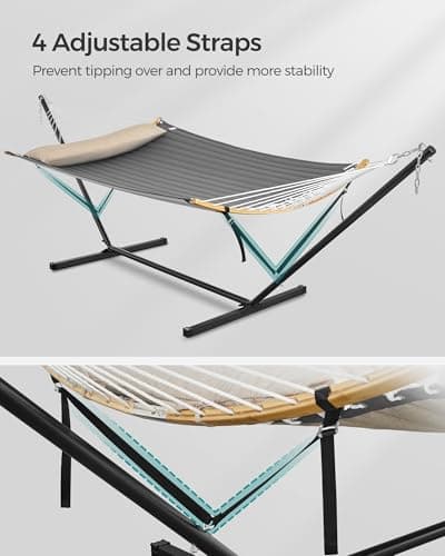 SONGMICS Hammock with Stand, Quilted Hammock with Curved Bamboo Spreaders, Pillow, 78.7 x 55.1 Inches, Portable Padded Hammock Holds up to 440 lb, Black and Gray UGHS002G01