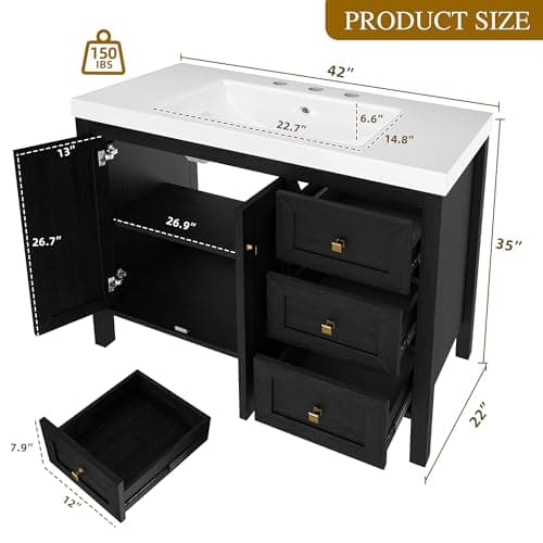 DWVO 42 Inch Bathroom Vanity with Sink Combo, Modern Bathroom Storage Cabinet with Resin Basin, Three Holes, 2 Doors & 3 Drawers, Black