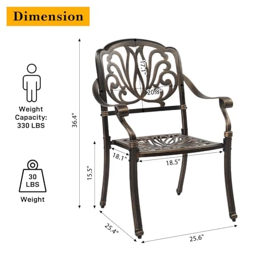 VINGLI 7-Piece Outdoor Dining Set, Cast Aluminum Patio Furniture Set for 6 with Umbrella Hole, Rectangular Outdoor Dining Table & 6 Stackable Chairs, All-Weather Garden/Poolside Dining Set Bronze