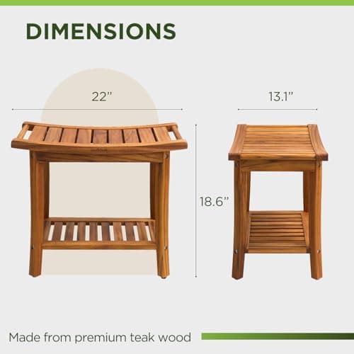 Premium 22" Teak Shower Bench with Handles, Waterproof Teak Shower Stool, Wooden Stool for Bathroom, Teak Wood Shower Bench Stool Seat Chair for Shower Storage Shelf, 300 Lbs Capacity