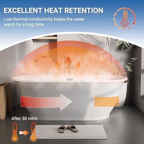 67 Inch Acrylic Freestanding Bathtub, Luxury Oval Soaking Tub, Modern Stand Alone Bath In White, with Chrome Drain, Overflow, Deep Soak Freestanding Tub for Bathroom