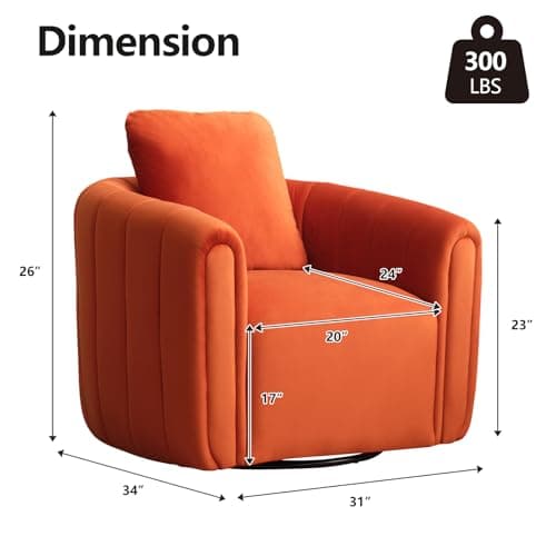CANMOV Swivel Accent Chair with Pillow,360-degree Swivel Barrel Chair with Curve Backrest, Comfy Velvet Pumpkin-Shaped Round Armchair Modern Single Sofa for Living Room,Bedroom,Waiting Room,Orange