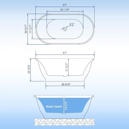 67 Inch Acrylic Freestanding Bathtub, Luxury Oval Soaking Tub, Modern Stand Alone Bath In White, with Chrome Drain, Overflow, Deep Soak Freestanding Tub for Bathroom