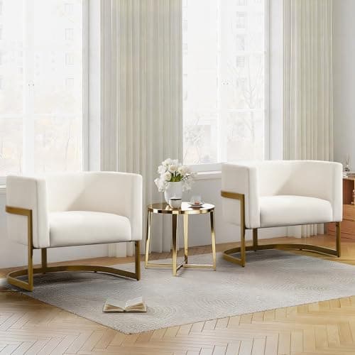 Modern Off-White Accent Chair, Velvet Barrel Chair Padded Seat, Upholstered Comfy Armchair for Reading/Living Room/Bedroom/Club Side Chairs with Luxury Gold Frame