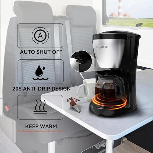 Portable Coffee Maker for Travel Camping Car, Ground Coffee Machine Single Serve with 5 Cup Glass Carafe for Traveling, RV, Office, Home and Dorm, 12V, Sliver Black