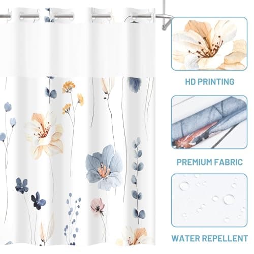 No Hook Shower Curtain with Snap in Liner - Watercolor Floral Shower Curtain - Fabric Waterproof Inner Liner, Plants Blue Beige Flowers White Cloth Shower Curtains Washable, 71 x 74 Inch