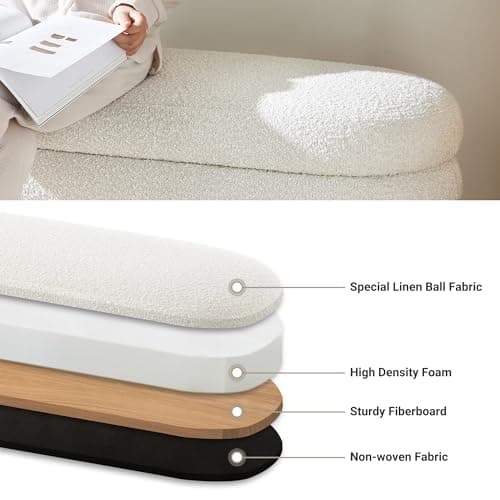 Storage Ottoman Bench 49.2 Inch Upholstered Fabric Storage Bench for Bedroom End of Bed Aesthetic Large Oval Storage Ottoman for Living Room Entryway (Ivory)