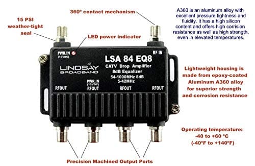 Reliable Cable 4-Port Cable TV/Antenna/HDTV/Internet Digital Signal Amplifier/Booster/Splitter/Equalizer with Passive Return, F59 Terminators (Lindsay LSA84-EQ8)