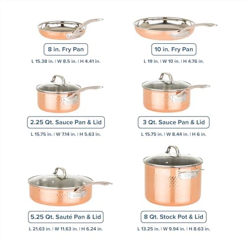 Viking 3-Ply Pots and Pans Set, 10 Piece Copper Kitchen Cookware with Glass Lids, Hammered Copper