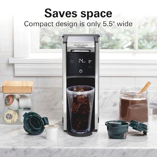 Hamilton Beach FlexBrew Advanced 4-in-1 Single Serve Hot & Iced Coffee Maker with Removable 45 oz. Water Reservoir, Use Pod Packs and Grounds, Fast Brewing, LED Touchscreen, Black (49925)