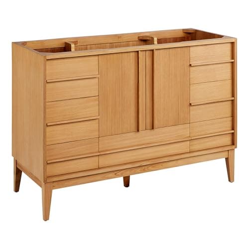 Signature Hardware 955208-48-RUMB Sybill 48" Freestanding Teak Single Basin Vanity Set with Cabinet, Vanity Top, and Rectangular Porcelain Sink - No Faucet Holes - Natural Teak/Arctic White