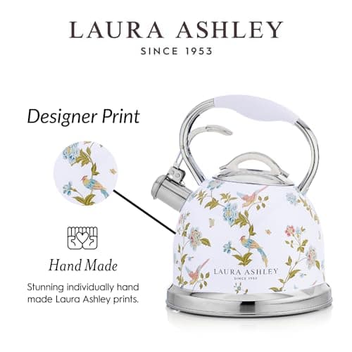 Laura Ashley Elveden White Stovetop Kettle with Whistle - 2.5L Fast Boil Stainless Steel Kettle Stove Top - Silicon Coated Cool Handle Camping Kettle for Gas, Induction Hob - Compatible with Aga Stove