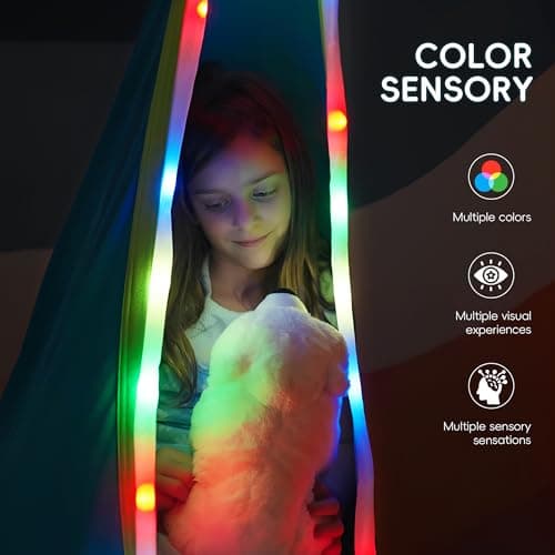 OUTREE Light Up Pod Swing Seat, Sensory Swing with LED Light, Cotton Kids Chair for Indoor and Outdoor, Hammock Chair Easy to Install, Blue
