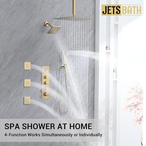 Brushed Gold Thermostatic Shower System with Body Jets, Ceiling 16” Rainfall Shower & Wall Mount 6-Inch Shower Head Luxury Shower Faucet Set with Handheld Spray, Dual Shower Heads Set