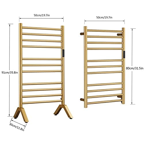 Electric Towel Warmers Radiator with Built-in Timer Gold, 140W Wall-Mounted & Freestanding Heated Towel Drying Rack with 11 Bars, 304 Stainless Steel Heated Towel Rail for Bathroom, Plug-in