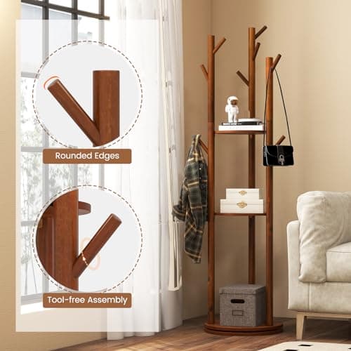 Tangkula Coat Rack Freestanding, Rotary Wooden Coat Tree with 3 Display Storage Shelves & 9 Hooks for Coats, Scarves, Hats & Bags, 66 Inches Coat Hanger Stand for Entryway, Bedroom, Office (Walnut)