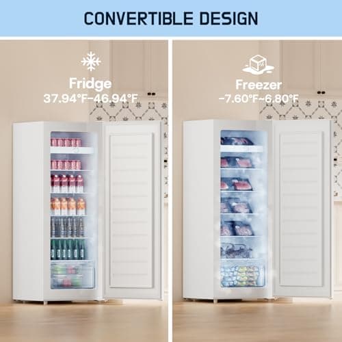 Upstreman 7.0 Cu.Ft Upright Freezer Large Capacity Convertible Refrigerator/Freezer, 5 Adjustable Shelves, Energy Efficient, Garage Ready, Reversible Door for Basement, Dorm, Apartment,White
