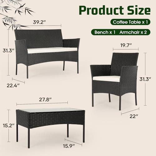 FDW | 4-Piece Patio Furniture Set | Black | Outdoor Wicker Furniture with Coffee Table | Modern Rattan Chairs Conversation Set | Outdoor Seating | Weather-Resistant | for Porch, Garden, Lawn