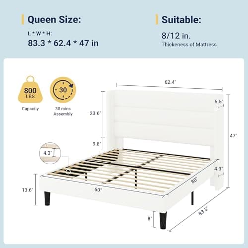 Allewie Queen Size Platform Bed Frame with Velvet Upholstered Wingback Headboard, No Box Spring Needed, Under Bed Storage Space, Strong Wooden Slats, Modern Mattress Foundation, Easy Assembly, White