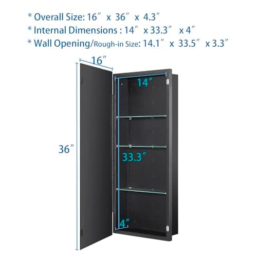 Black Bathroom Medicine Cabinet with Beveled Edge Mirrored Door 16 x 36 inch, Recessed or Surface Mount, with Adjustable Glass Shelves