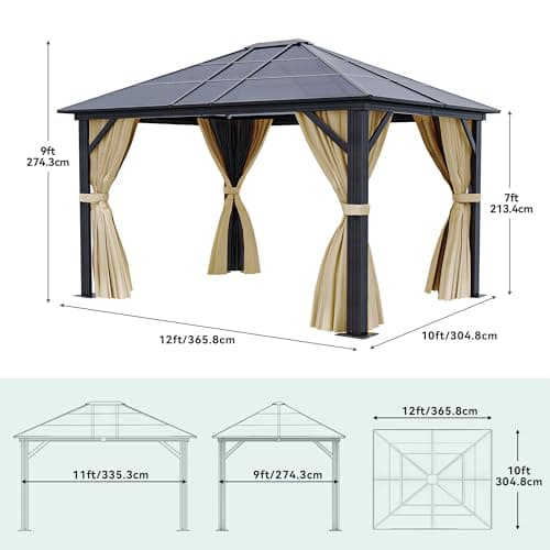 YITAHOME 10x12 Polycarbonate Gazebo Hardtop Outdoor Canopy with Netting and Shaded Curtains, Aluminum Frame Garden Tent for Patio, Backyard, Deck and Lawns, Brown