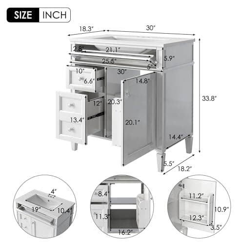 30'' Bathroom Vanity with Single Sink Combo, Modern Bathroom Storage Cabinet with 2 Drawers, 1 Pull Down Drawer and 1 Door, Freestanding Bathroom Vanities, Soft Closing, Solid Wood Frame