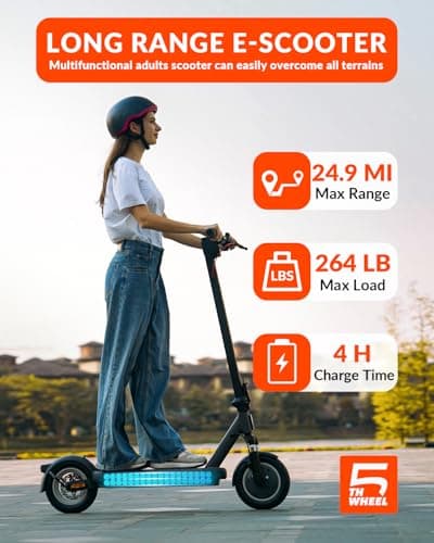 5TH Wheel V40 PRO Electric Scooters, 48V 800W Peak Motor & 20 MPH, 24.9 Miles Range, 10" Solid Tires, Front-N-Rear Suspension and Ambient Light, Folding Sport Scooters with Dual Brake System and APP