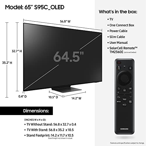 Samsung 65-Inch Class OLED 4K S95C Series Quantum HDR Smart TV w/Dolby Atmos, Object Tracking Sound+, Q Symphony, Motion Xcelerator Turbo Pro, Gaming Hub, Alexa Built-in (QN65S95C), Titan Black