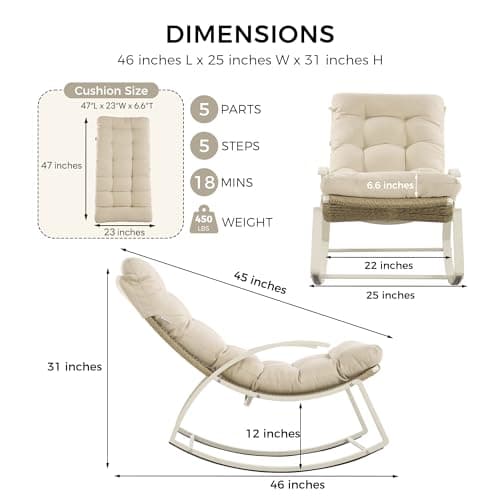 IRONCK Patio Rocking Chair, Outdoor Rocking Chair with Armrest and Cushion, Handwoven Twisted Rattan Rocker for Indoor Living Room Balcony Garden Porch, Beige