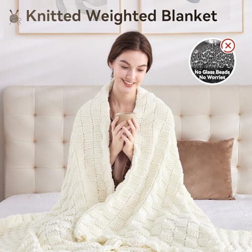 Knitted Weighted Blanket for Adult, No Beads Heavy Blanket 48” x 72'' 12lbs, Breathable Chunky Knit Blanket, Cooling Weighted Blanket for Hot Sleepers, Christmas Home Decor (Ivory White)