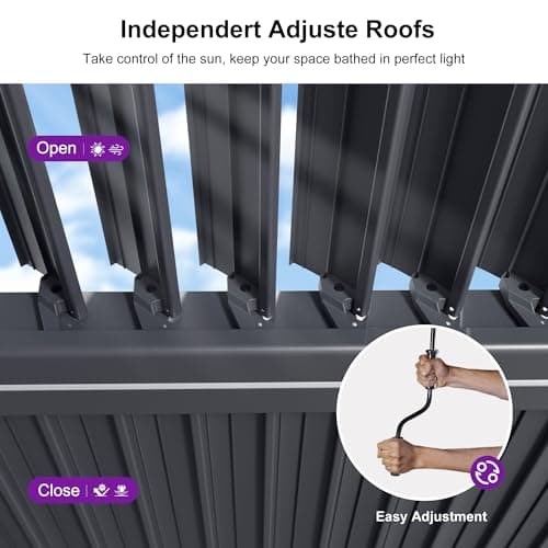 PURPLE LEAF Solar Louvered Pergola 92KS 10' x 12' with LED String Lights and Control Panel Aluminum Outdoor Pergola with Adjustable Roof for Patio Deck Garden Yard Gray