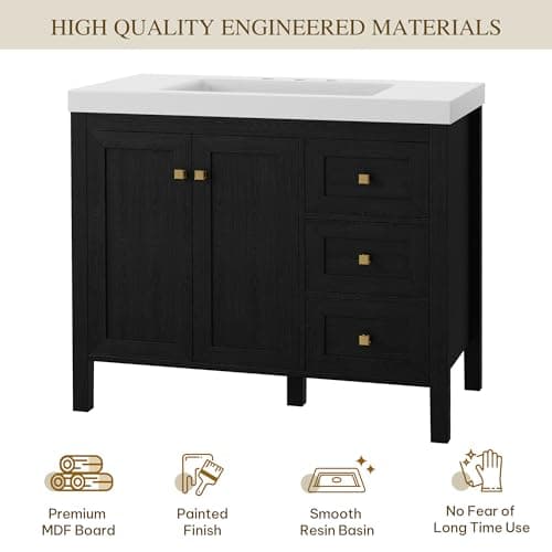 DWVO 42 Inch Bathroom Vanity with Sink Combo, Modern Bathroom Storage Cabinet with Resin Basin, Three Holes, 2 Doors & 3 Drawers, Black