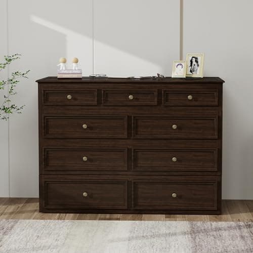 Murphy Bed Cabinet Full with Tri-Folding Mattress, Solid Wood Murphy Bed with 2 USB & 2 Charging Ports, Large Storage Drawer for Home Office or Small Space, Ebony Wood Color