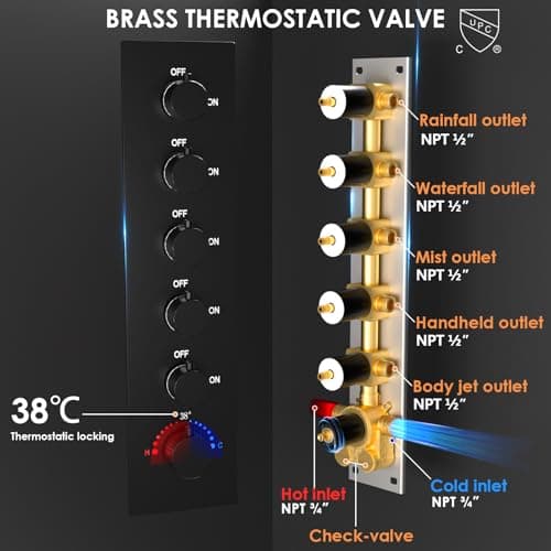 Enga Luxury Dual Shower Head System LED Thermostatic Shower System with 6 inch Wall Shower, 20-Inch 3 Function Shower Head (Rainfall & Mist & Waterfall), Matte Black