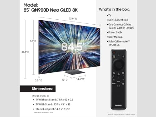 SAMSUNG 85-Inch Class Neo QLED 8K QN900D Series Mini LED, Neo Quantum HDR Smart TV w/Dolby Atmos, Object Tracking Sound Pro, AI Motion Enhancer Pro, Alexa Built-in (QN85QN900D, 2024 Model)