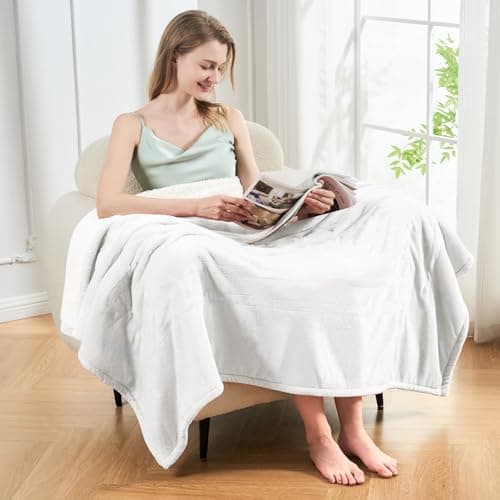 Electric Heated Blanket, Flannel & Sherpa Fast Heating Soft Fleece Heated King Blanket 90"x100" with 6 Heating Levels & 10H Auto Off - White