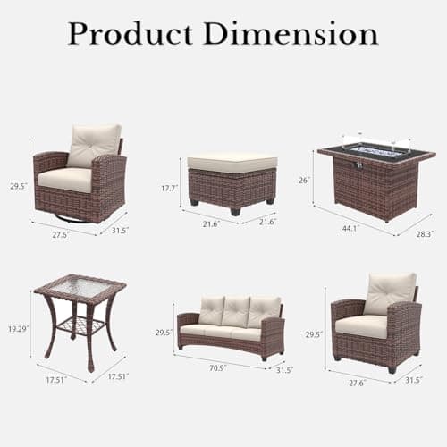LayinSun 10 Pieces Patio Furniture Set with Swivel Chairs, Rattan Wicker Rocking Glide Chairs with 44" Propane Gas Fire Pit Table Conversation Set