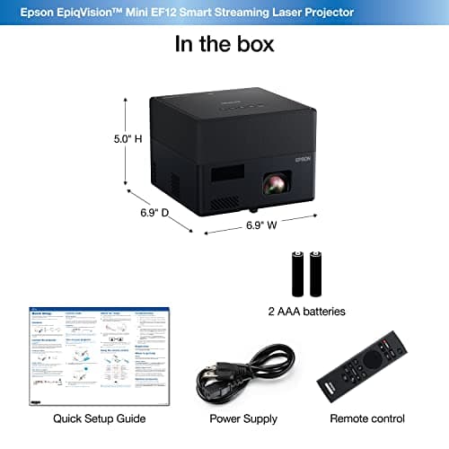 Epson EpiqVision Mini EF12 Smart Streaming Laser Projector, HDR, Android TV, Movies, Family Gaming, Portable, sound by Yamaha, 3LCD, Full HD 1080p, 1000 lumens Color & White Brightness Bluetooth Black