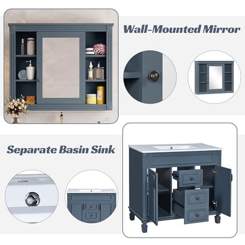 Merax 36" Bathroom Vanity with Sink, 36" Bathroom Vanity Cabinet with Matching Mirror Medicine Cabinet, Bathroom Storage Set (Blue)