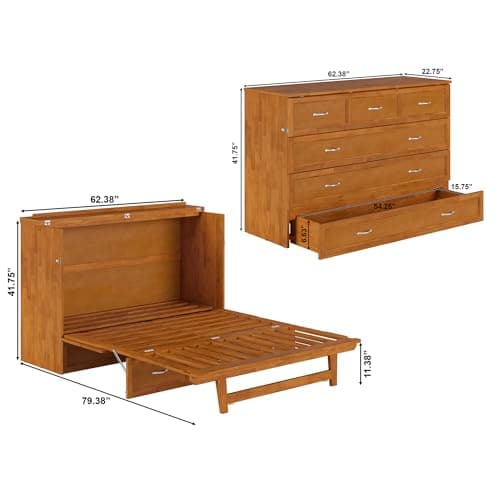 AFI, Northfield Queen Murphy Bed Chest with 6" Mattress, Storage Drawer & Built-in USB Charger, Light Toffee