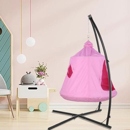 AthLike X-Shaped Hanging Tree Tent w/Swing Chair,Hammock Chair Stand Canopy w/Steel Frame,Indoor Outdoor Egg Basket Patio Seat w/Adjustable Solid Stand,Bedroom Porch Balcony Garden 330lb(Pink)