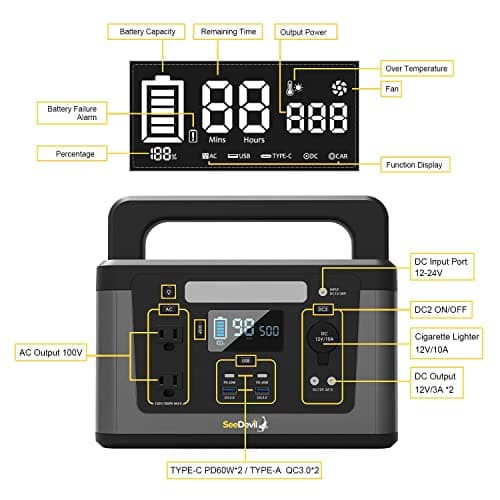 SeeDevil Portable Power Station 500W, 560Wh Lithium Battery, 110V/500W Pure Sine Wave AC Outlet, Solar Generator (Solar Panel Not Included) Great for Camping, Emergency Power, Off-Grid, Outdoor use
