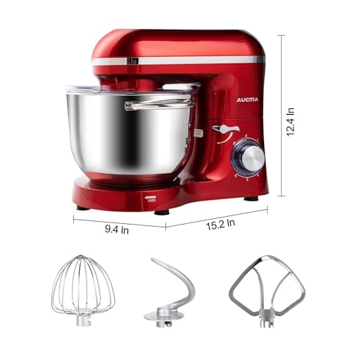 Aucma Stand Mixer,6.5-QT 660W 6-Speed Tilt-Head Food Mixer, Kitchen Electric Mixer with Dough Hook, Wire Whip & Beater 2 Layer Red Painting (6.5QT, Red)