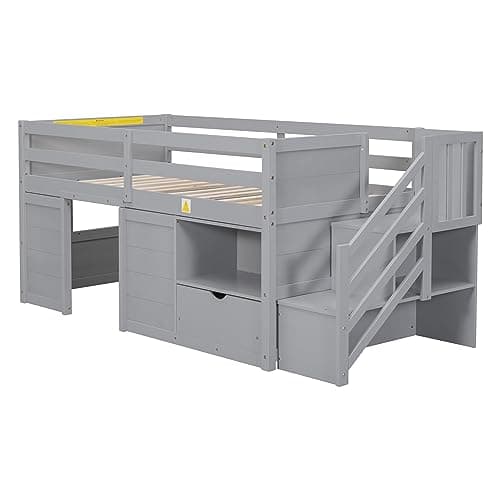 Bellemave Twin Size Low loft Bed for Kids,Wood Loft Beds,Modern Farmhouse Twin loft Bed,Loft Bed with Storage, No Box Spring Needed,for Kids,Gray