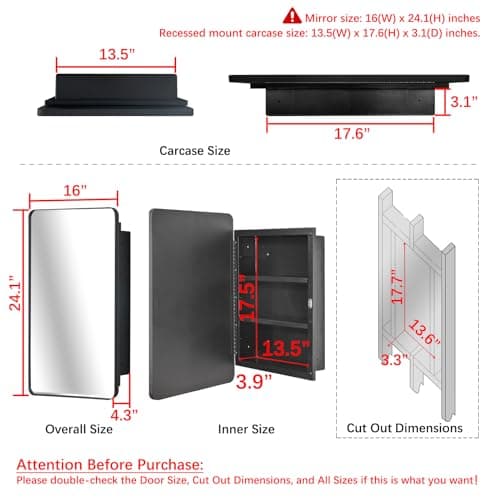 Fundin Plastic Black Medicine Cabinet, Beveled Edge Mirror Door with Round Corner Metal Frame, Recessed and Surface Mount Bathroom Medicine Cabinet, 16 x 24 inch Mirror Size