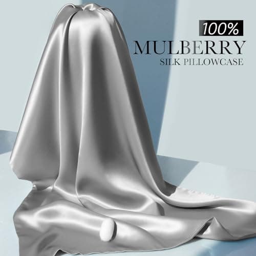 100% Mulberry Silk Pillowcase for Hair and Skin, 22 Momme Pure Natural Silk Pillow Case Both Sided with Zipper, Pillow Cover for Women Mom Men(Silver Grey, Standard 20''×26'')